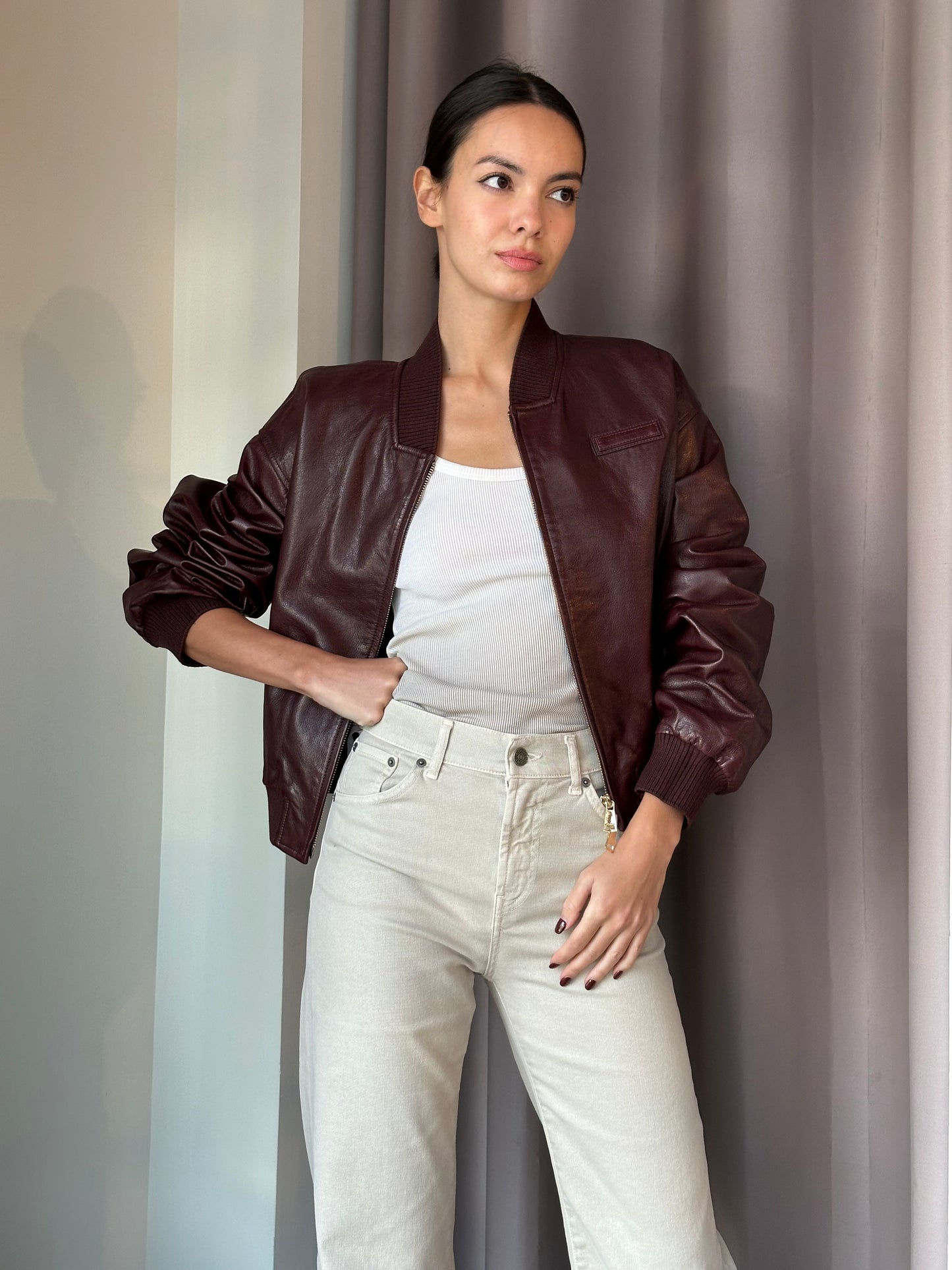 Nova Burgundy Leather Bomber Jacket