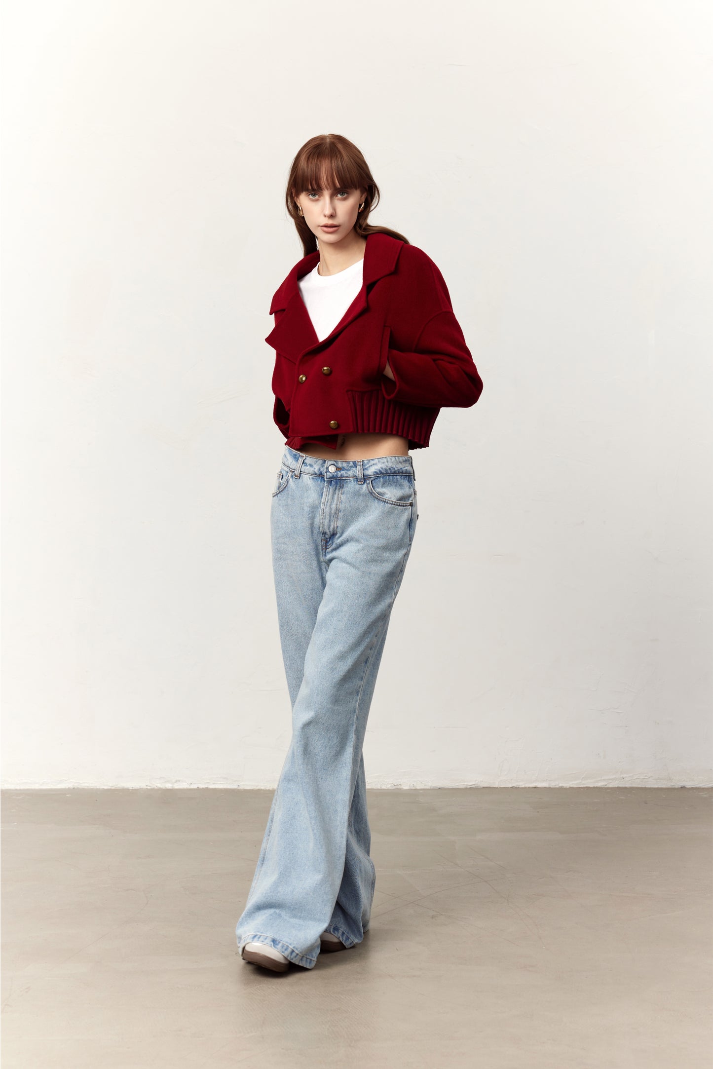 Lane Red Cashmere Blend Double Breasted Cropped Coat