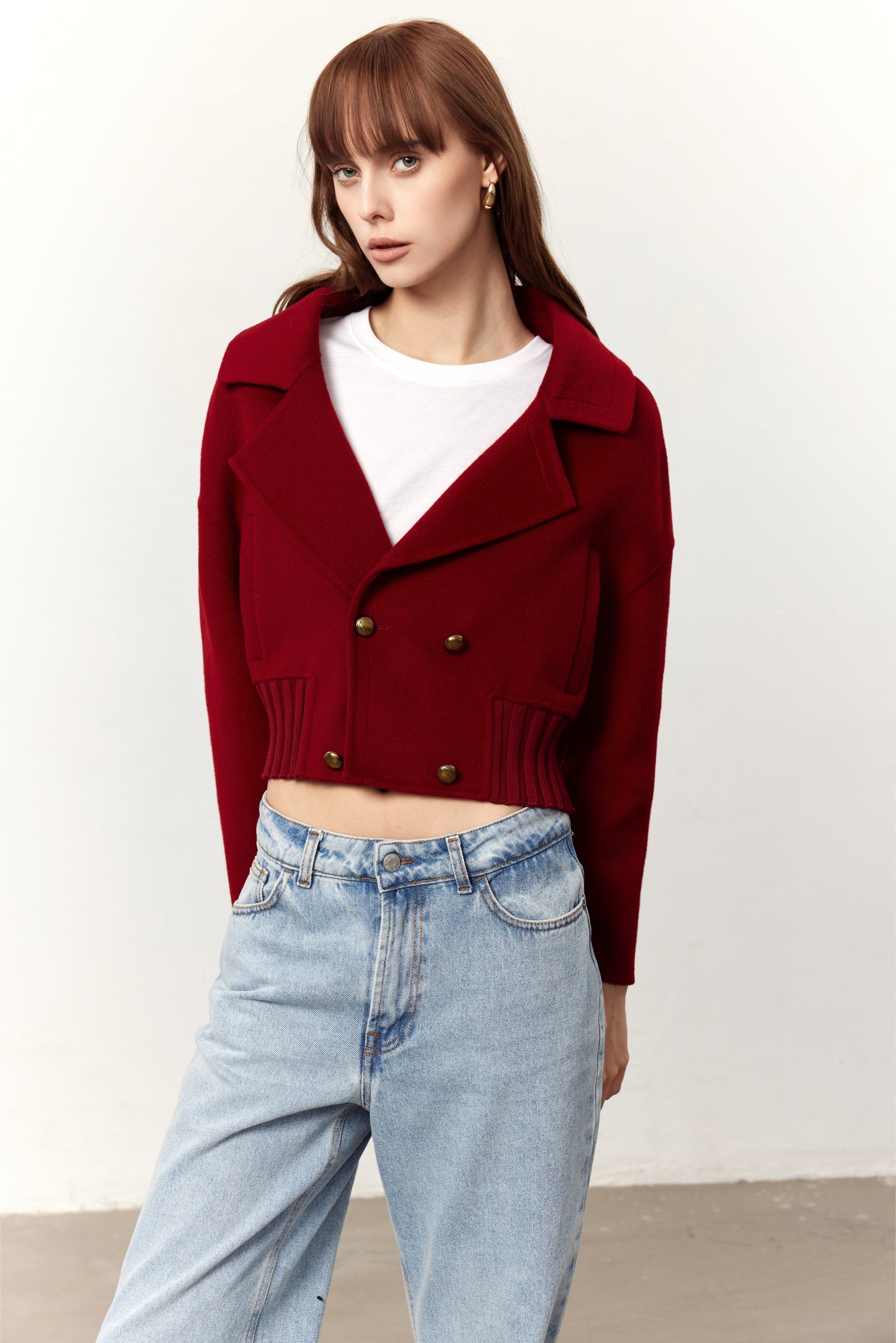 Lane Red Cashmere Blend Double Breasted Cropped Coat