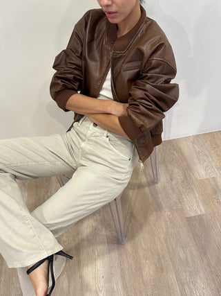 Nova Brown Leather Bomber Jacket