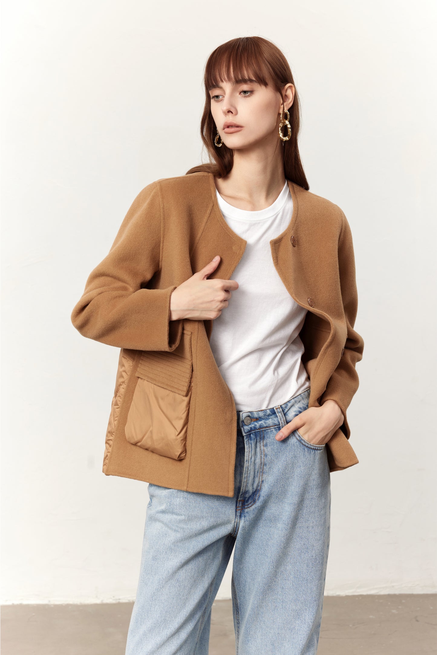 Quinn Camel Cashmere Blend Down-Pocket Coat